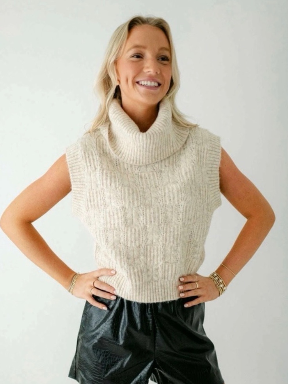 Kerisma Marlene Top Cable Knit Sleeveless Turtleneck Vest - Oatmean